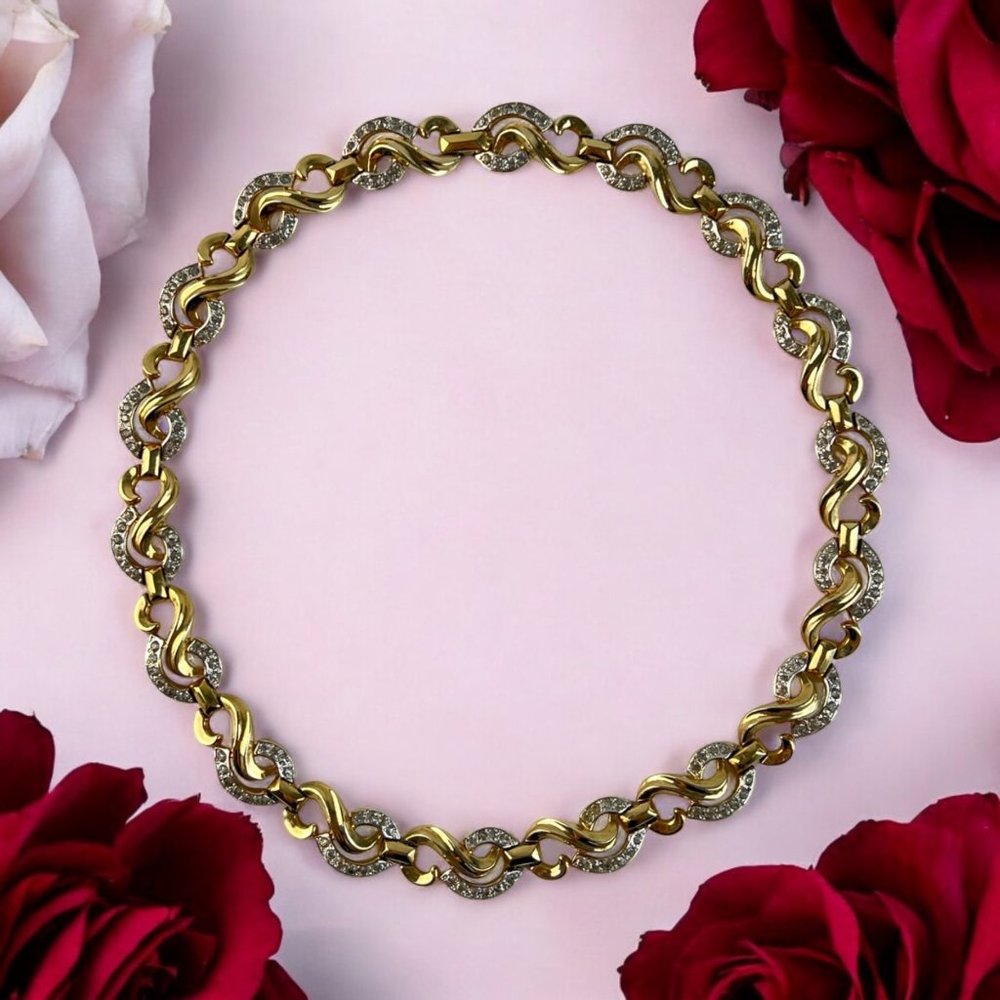 Vintage 1940s Mazer Bros Gold Silver Tone Rhinestone Ribbon Link Choker Necklace